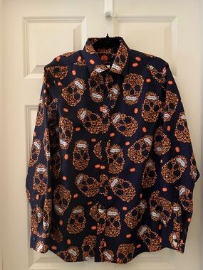 Men’s Simon Banks Blue & Orange
Pumpkin Skull Button Down goth Halloween punk M